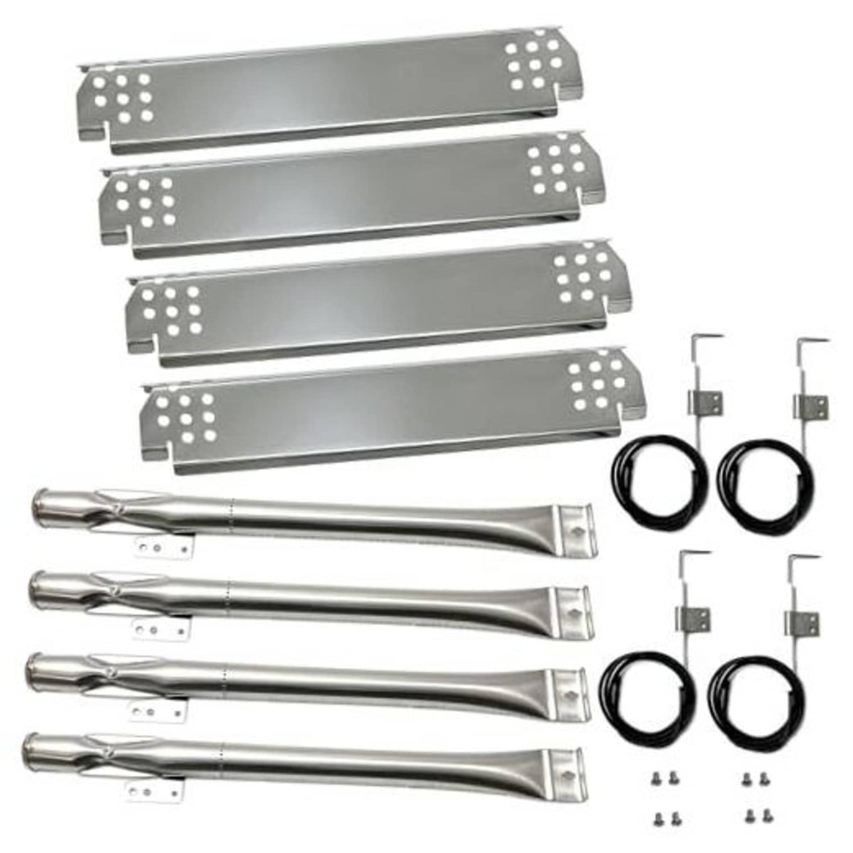 Grill burner heat plates and igniter kit with metal burners, wire rings, brackets