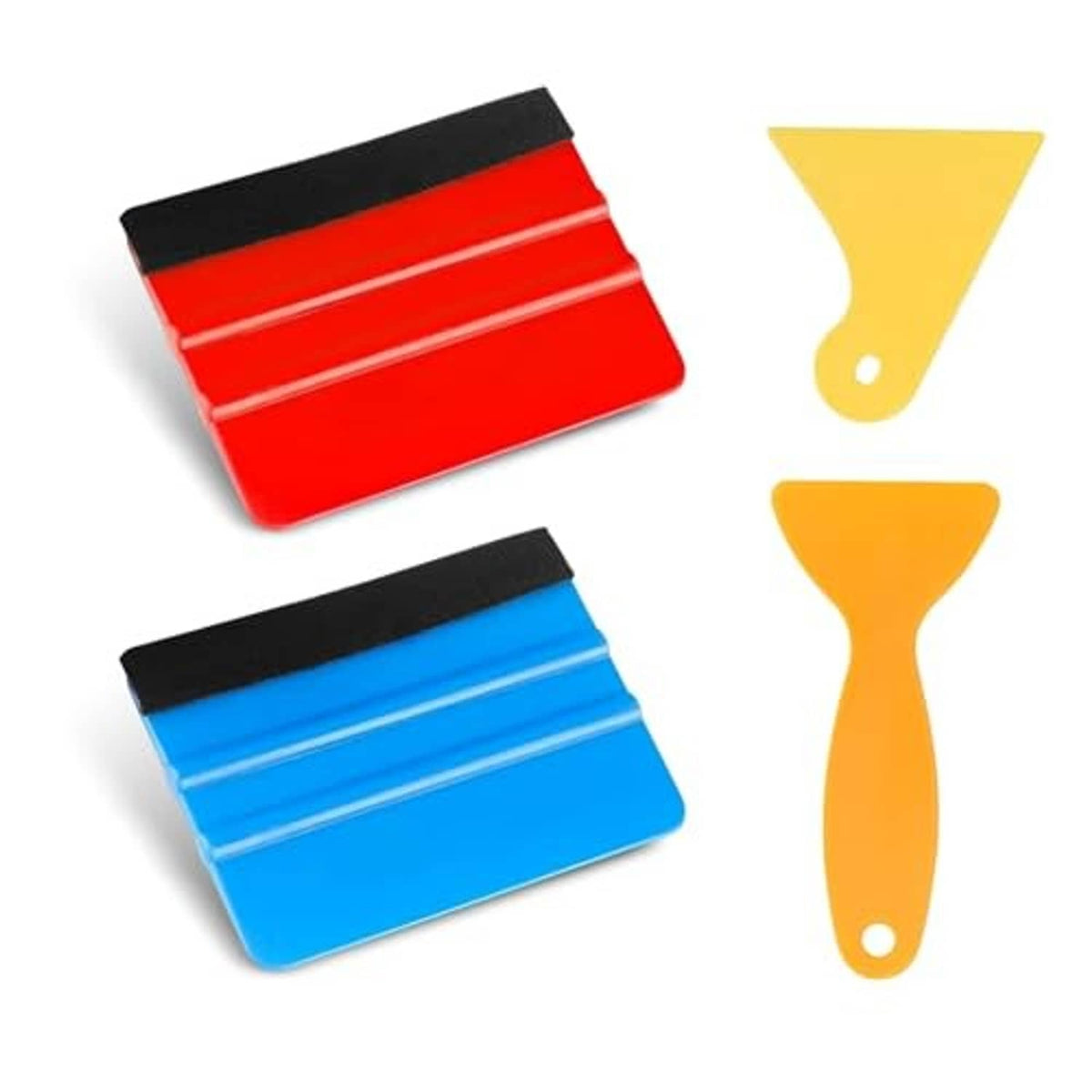 4-piece felt edge squeegee set featuring red and blue scrapers with black felt edges