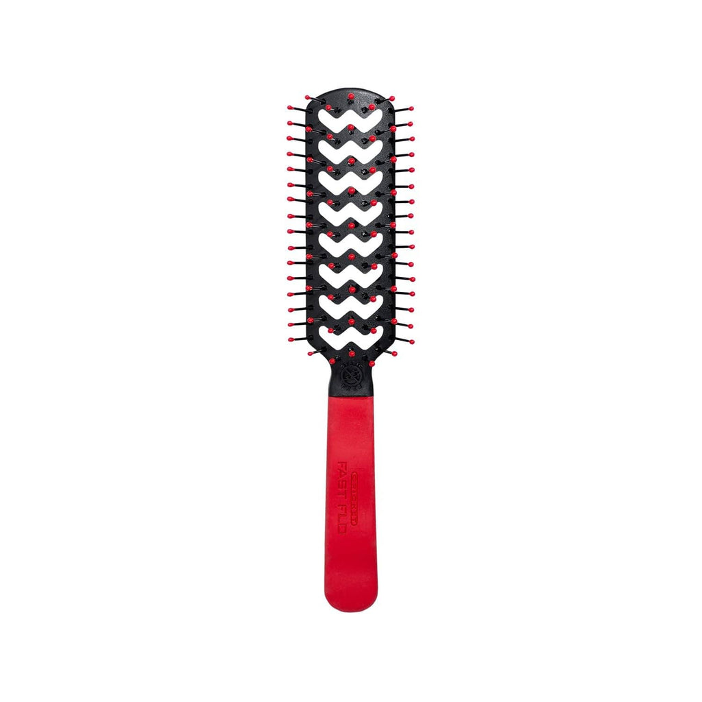 Red handle vented hair brush with black rubber pad and red bristle tips