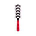 Red handle vented hair brush with black rubber pad and red bristle tips