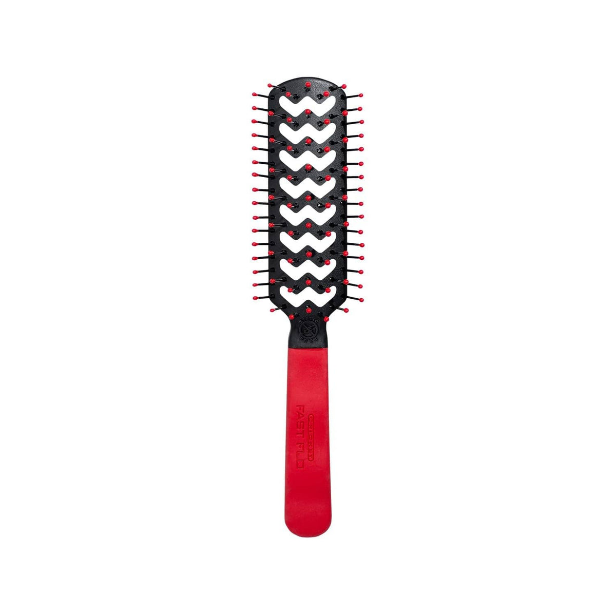 Red handle vented hair brush with black rubber pad and red bristle tips