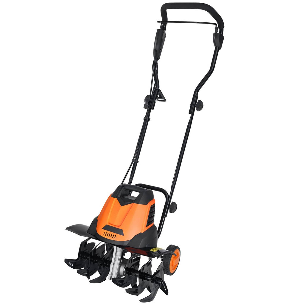 Compact corded electric tiller with orange motor housing, black tines, and curved handle