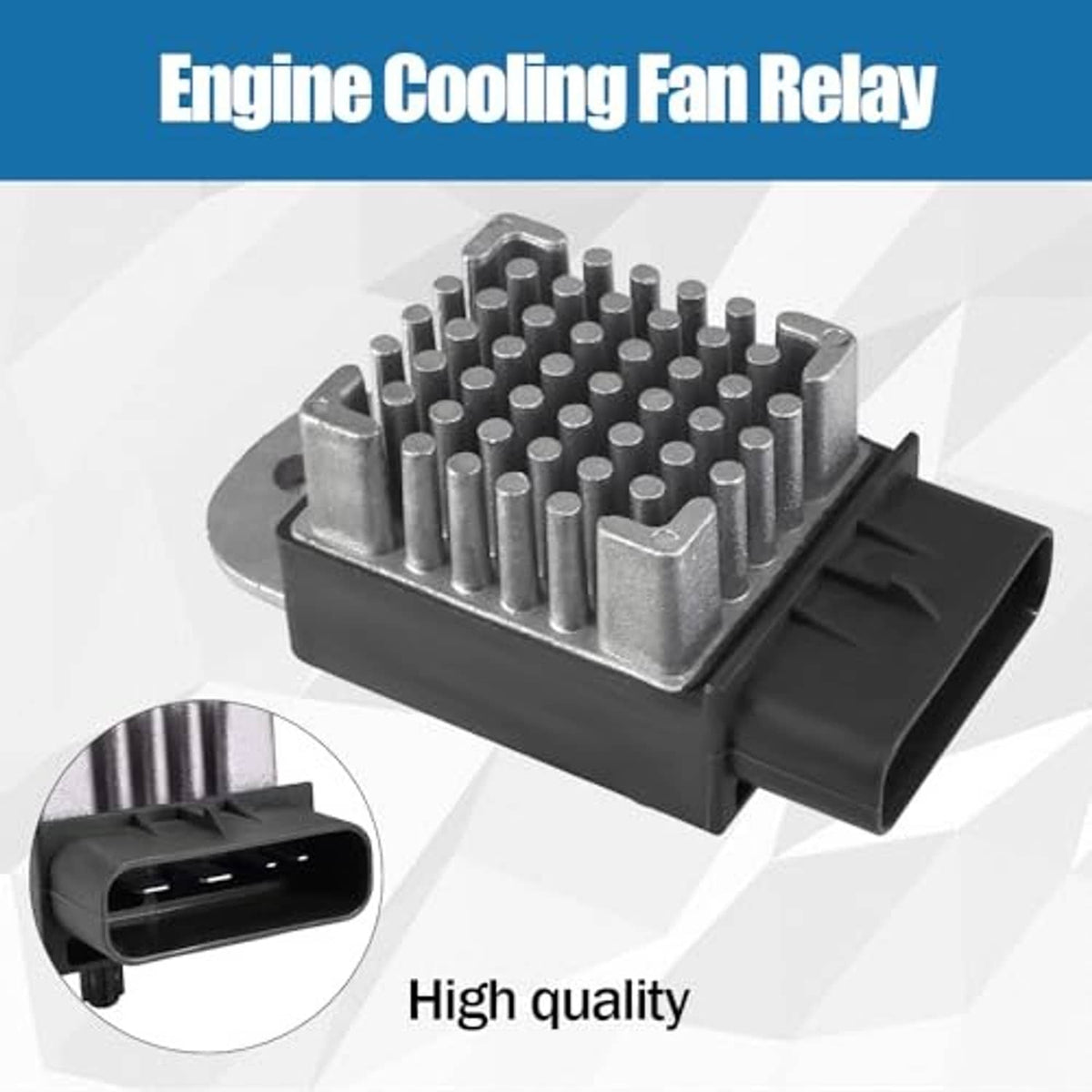 Engine cooling fan relay with silver pin terminals and black electrical connector