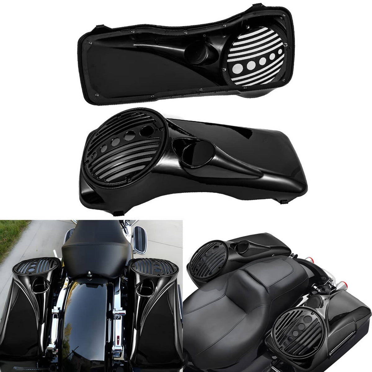 Pair of 8-inch black speaker lids with tweeter port and vented grille details