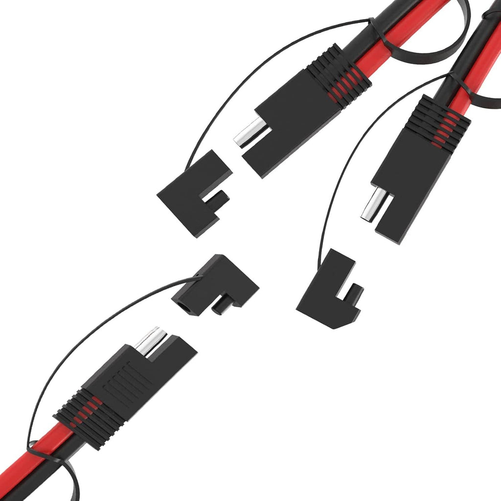 Close-up SAE splitter cable with black connector housings on red and black wires