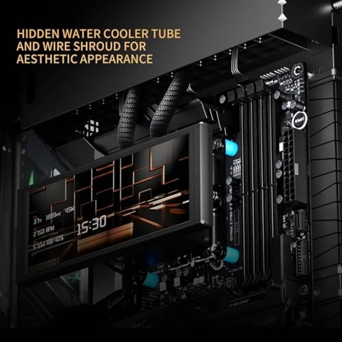 Gaming PC case interior featuring a concealed water-cooler tube and wire shroud