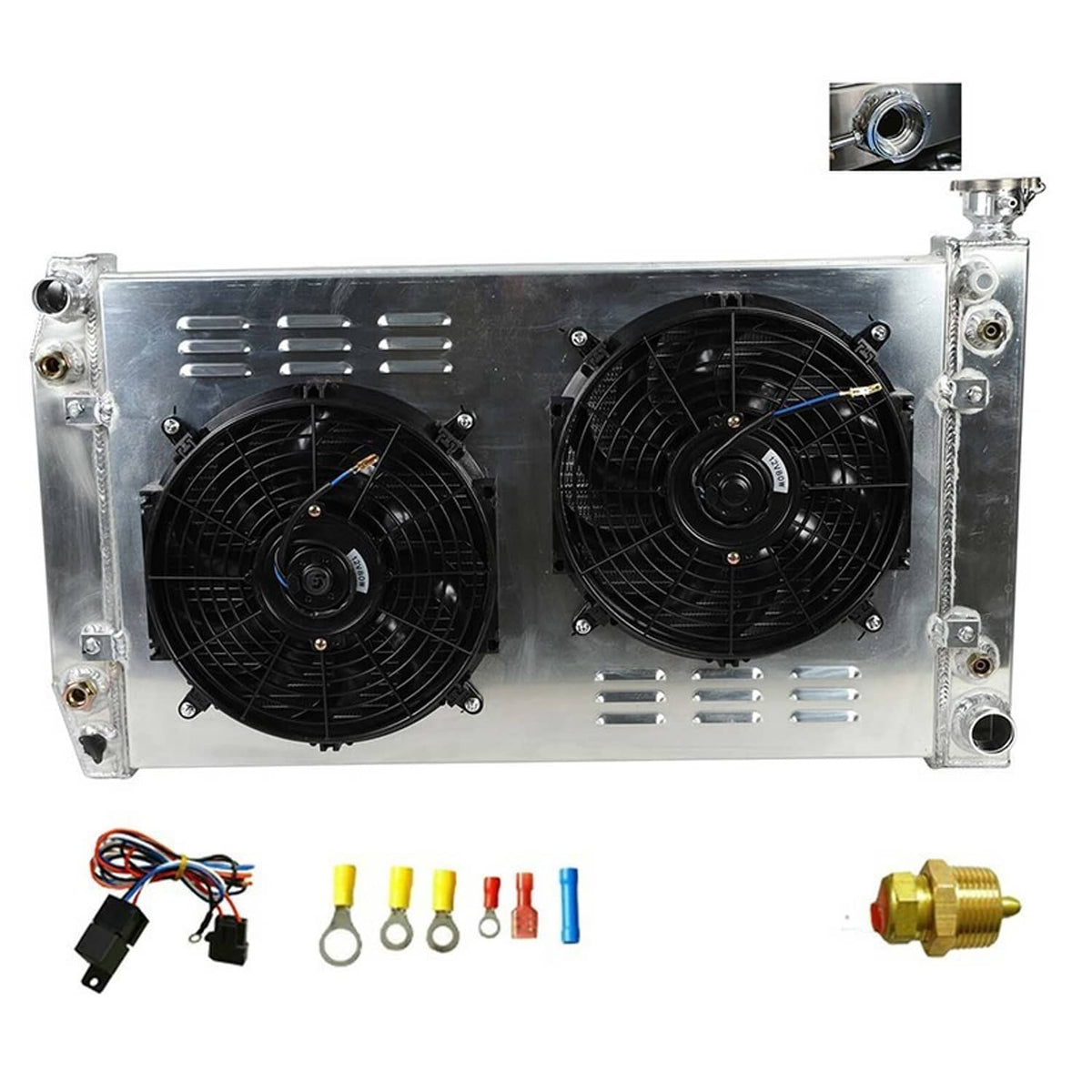 Radiator shroud fan assembly with two black cooling fans and mounting hardware
