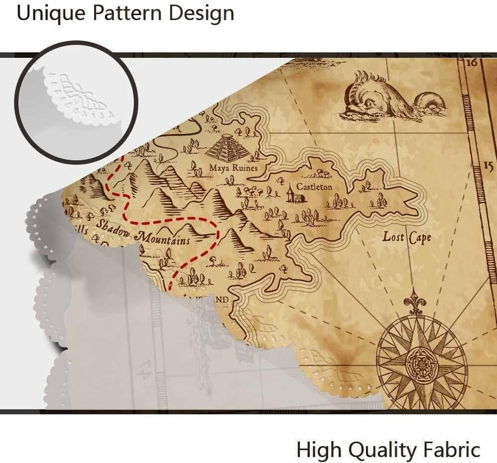 Close-up of round map-pattern tablecloth fabric with illustrated islands and compass
