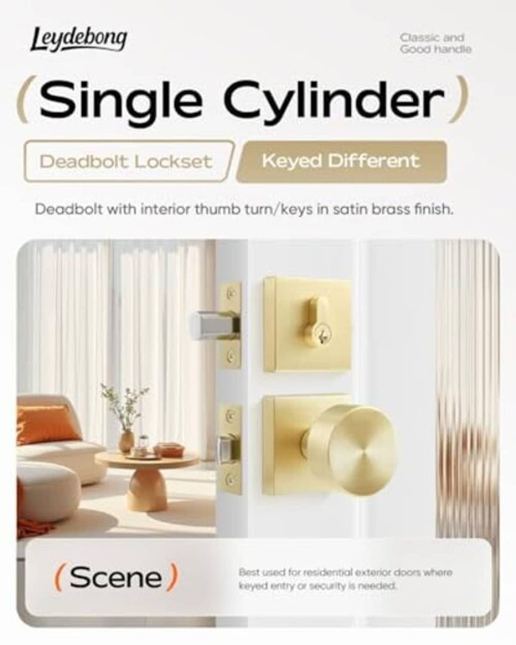 Single-cylinder deadbolt lock set with satin brass finish, shown in a door scene.