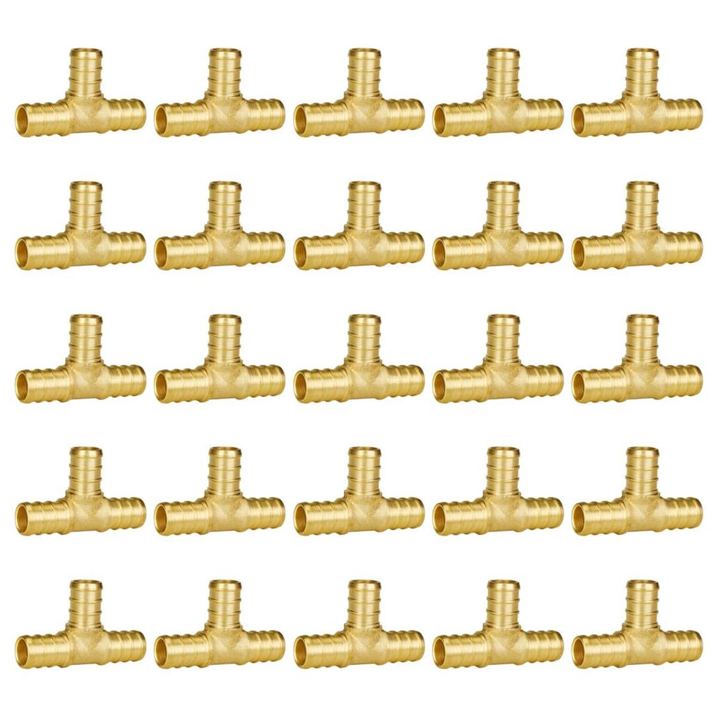 Pack of brass 1/2 in PEX tee fittings, 25-piece assortment with three-way connections