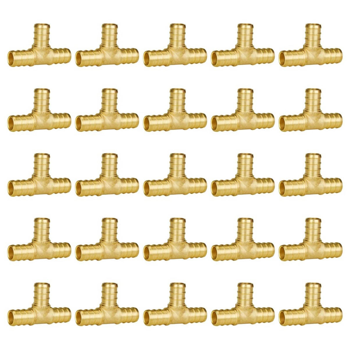 Pack of brass 1/2 in PEX tee fittings, 25-piece assortment with three-way connections
