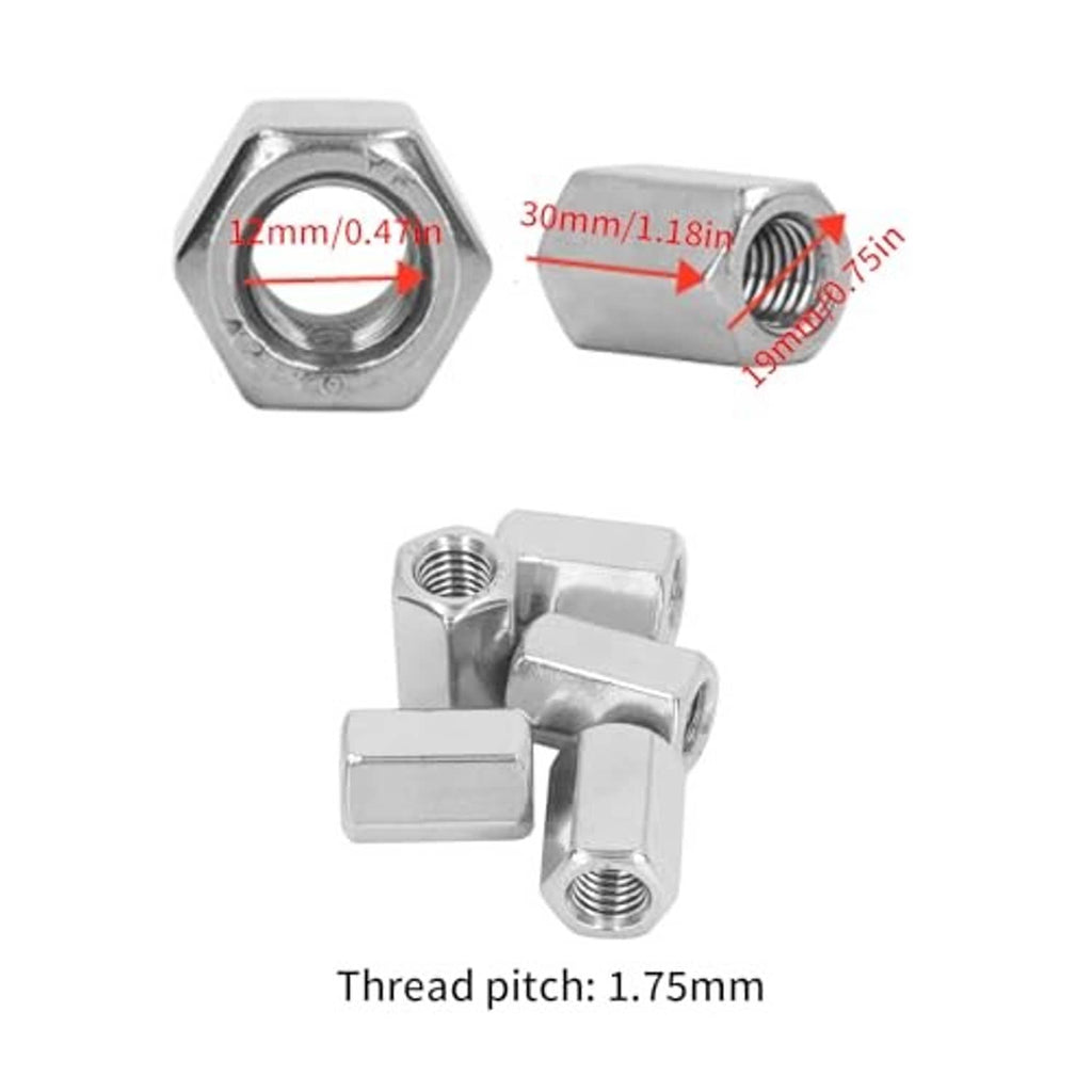 Hex coupling nut showing circular threaded opening and hex body, stainless steel silver