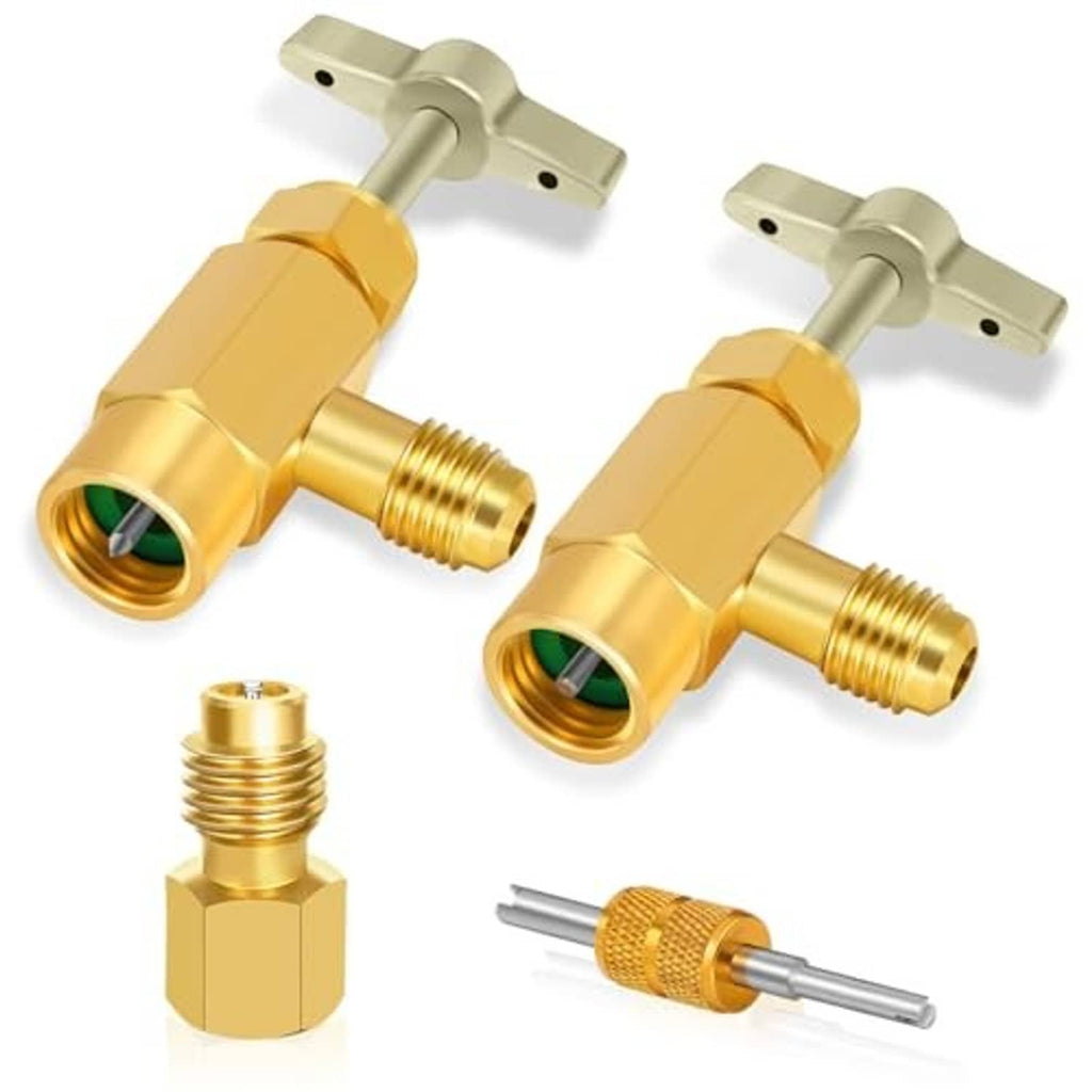 Brass can tap valve fitting set with self-sealing ports and puncture tool