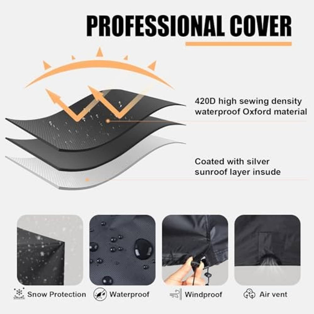 Black air conditioner cover with padded, contoured top and coated fabric layers shown.