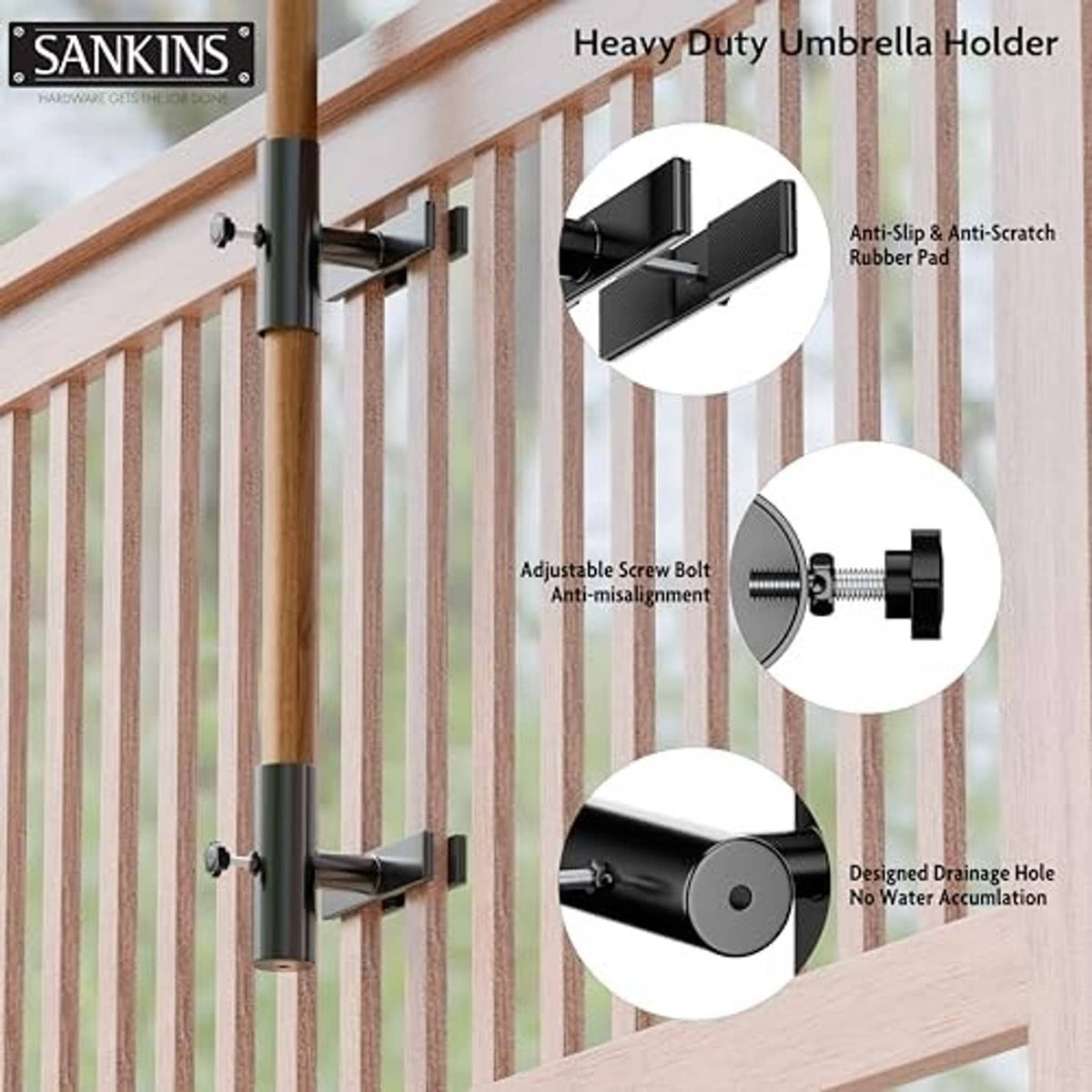 Heavy-duty black umbrella holder with anti-slip rubber pads and adjustable screw bolts