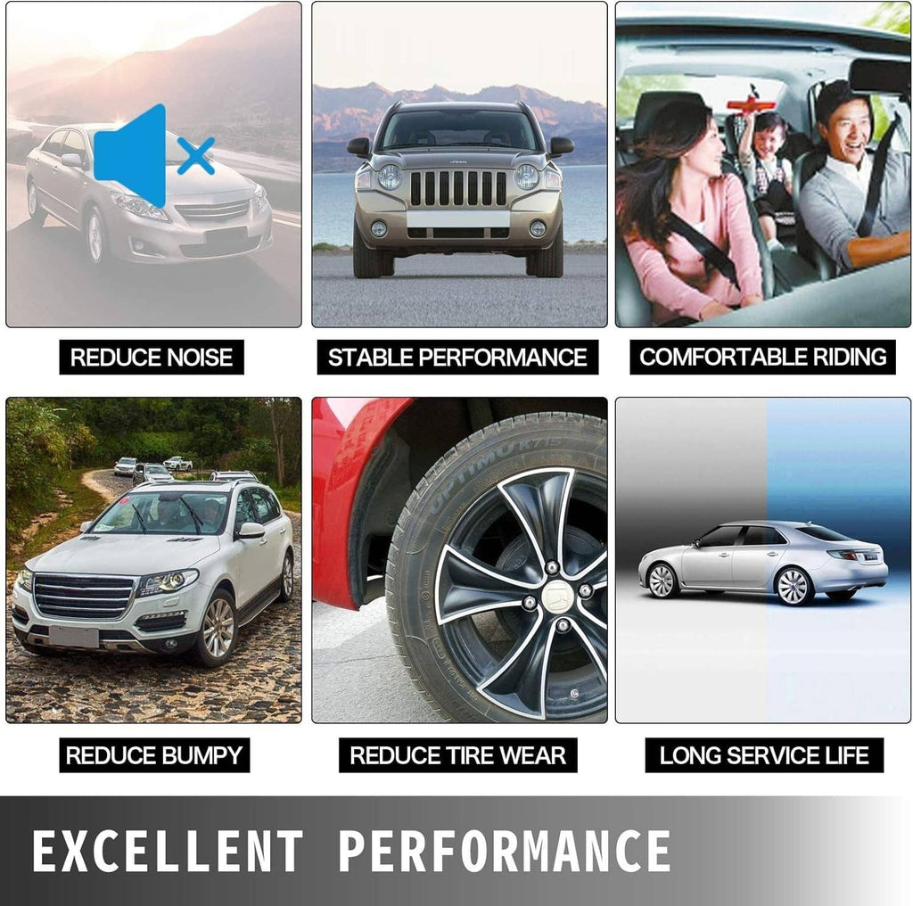 Vehicle ride performance infographic featuring reduced noise and tire wear benefits