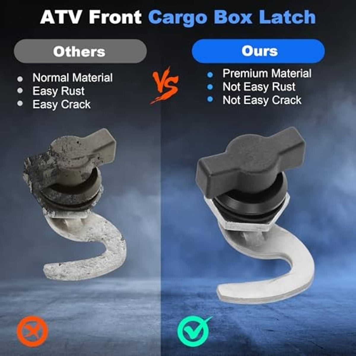 Front cargo box latch with gray U-shaped hook and black locking knob
