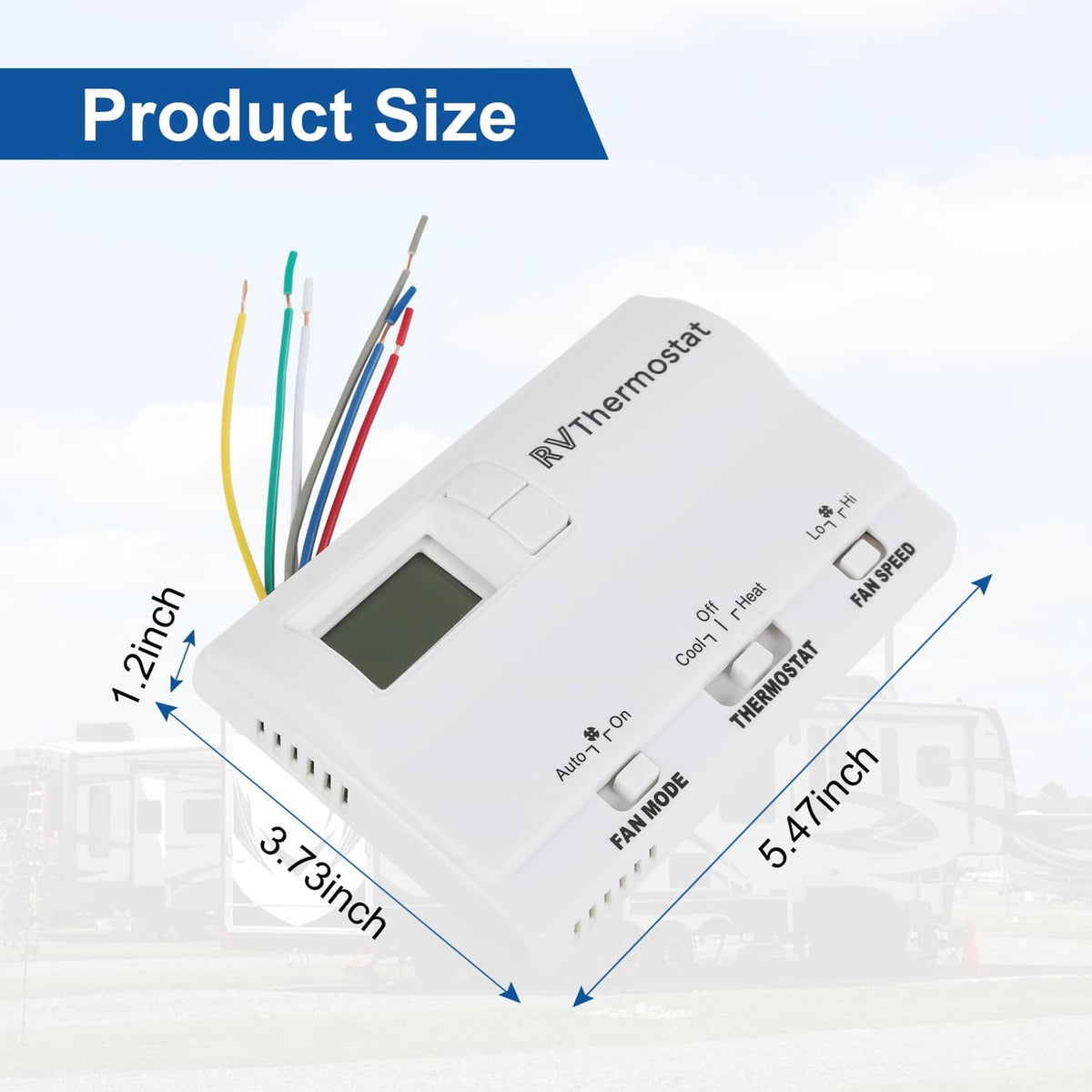 White RV digital thermostat showing angled view with dimensions and wiring leads