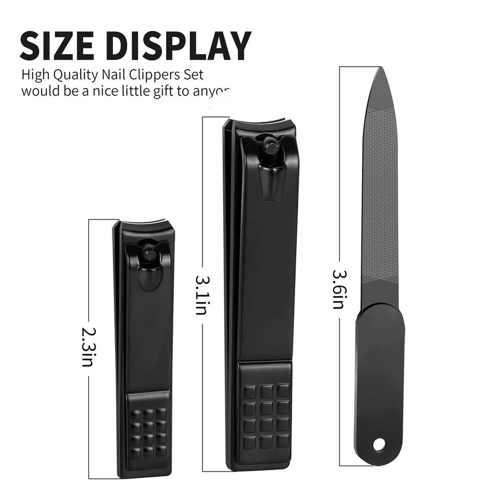 Black nail clipper set with size display and textured nail file attachment