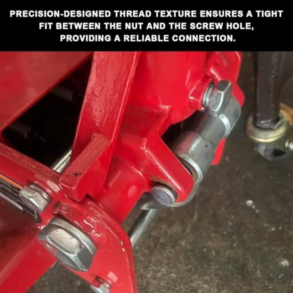 Close-up of threaded jack handle bolt and nut on red hydraulic floor jack