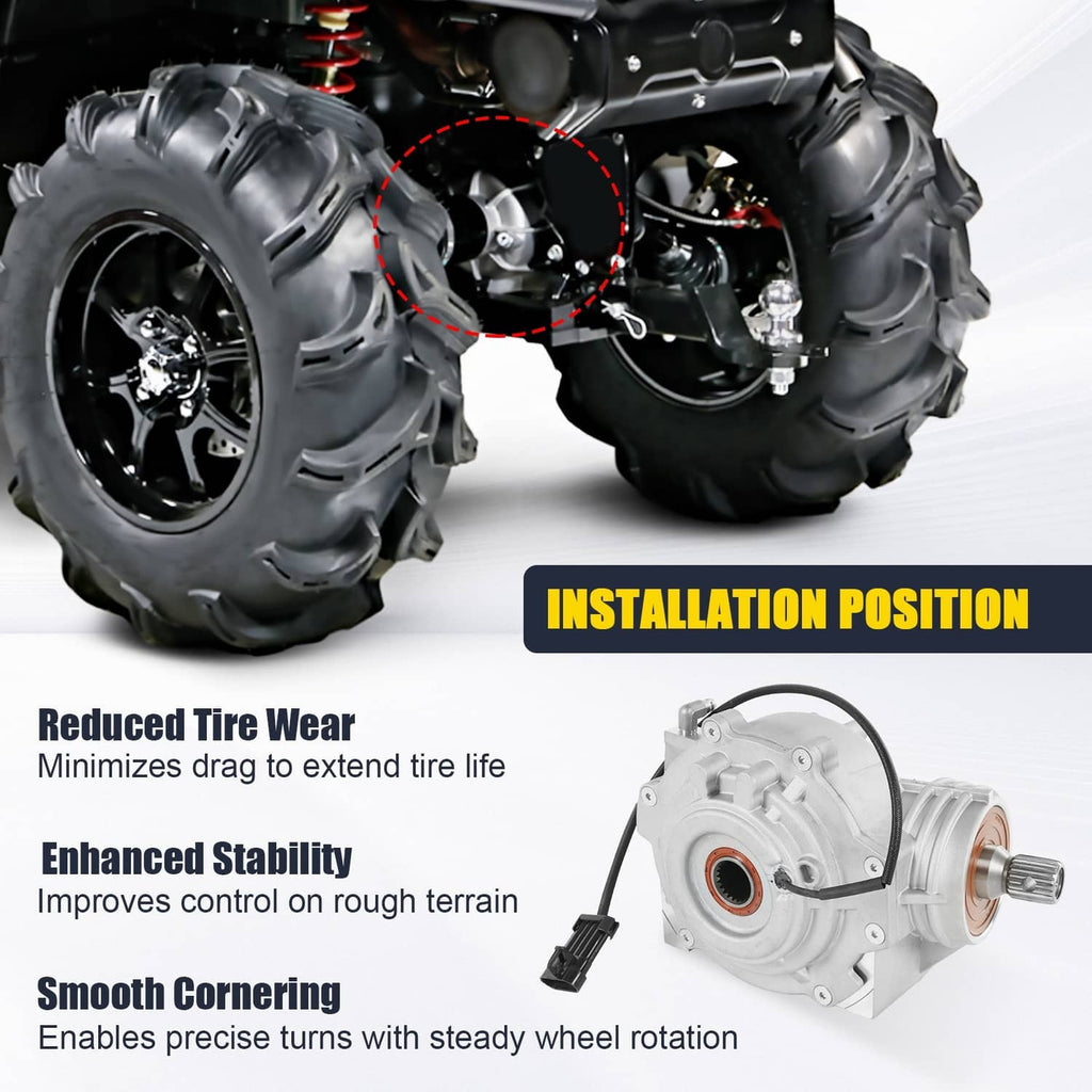 Front differential shown installed near front wheels on a vehicle, with orange seal visible