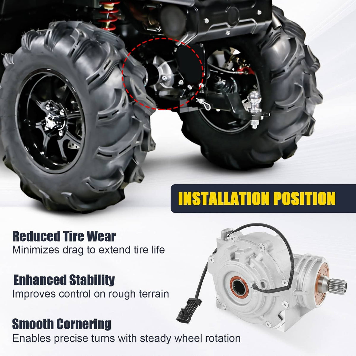 Front differential shown installed near front wheels on a vehicle, with orange seal visible