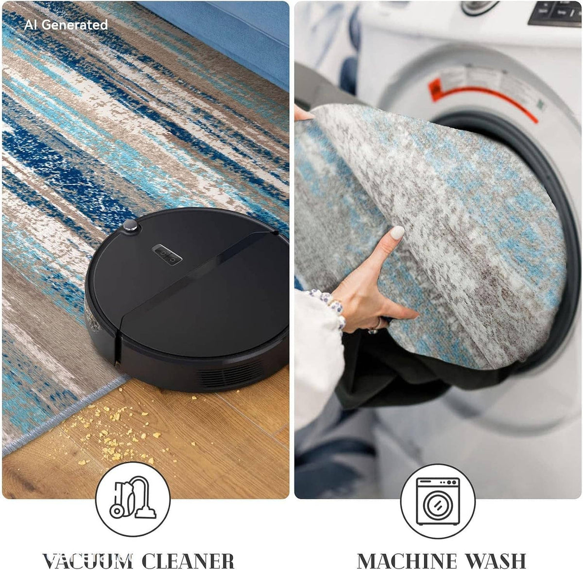 Blue abstract runner rug shown with robot vacuum and machine-wash cleaning