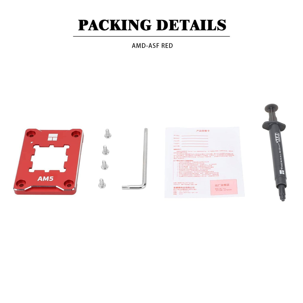 Red AM5 CPU mounting frame kit with screws, hex key, and instruction paper