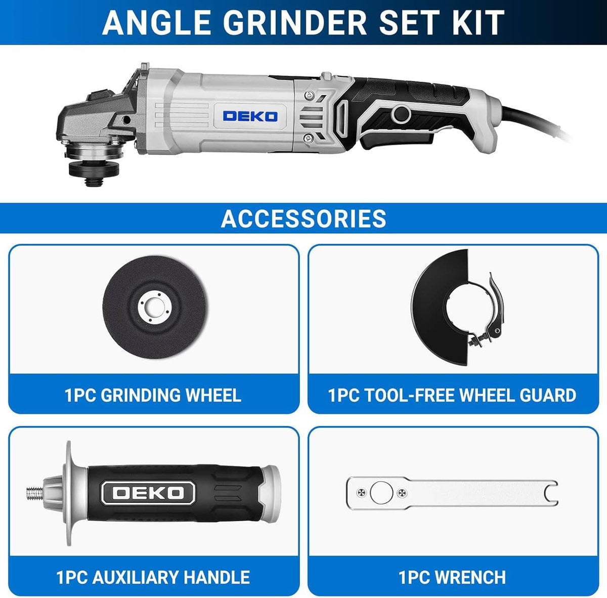 DEKO angle grinder set kit with accessories: grinding wheel, wheel guard, auxiliary handle, wrench