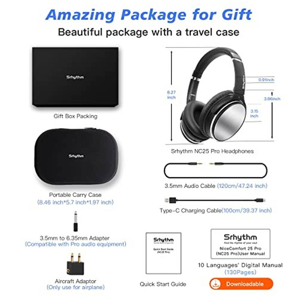 Black over-ear headphones with travel case and included audio and charging cables