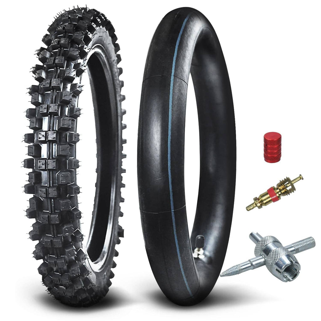 Front dirt bike tire with inner tube and valve parts, black rubber tread