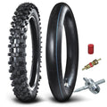 Front dirt bike tire with inner tube and valve parts, black rubber tread