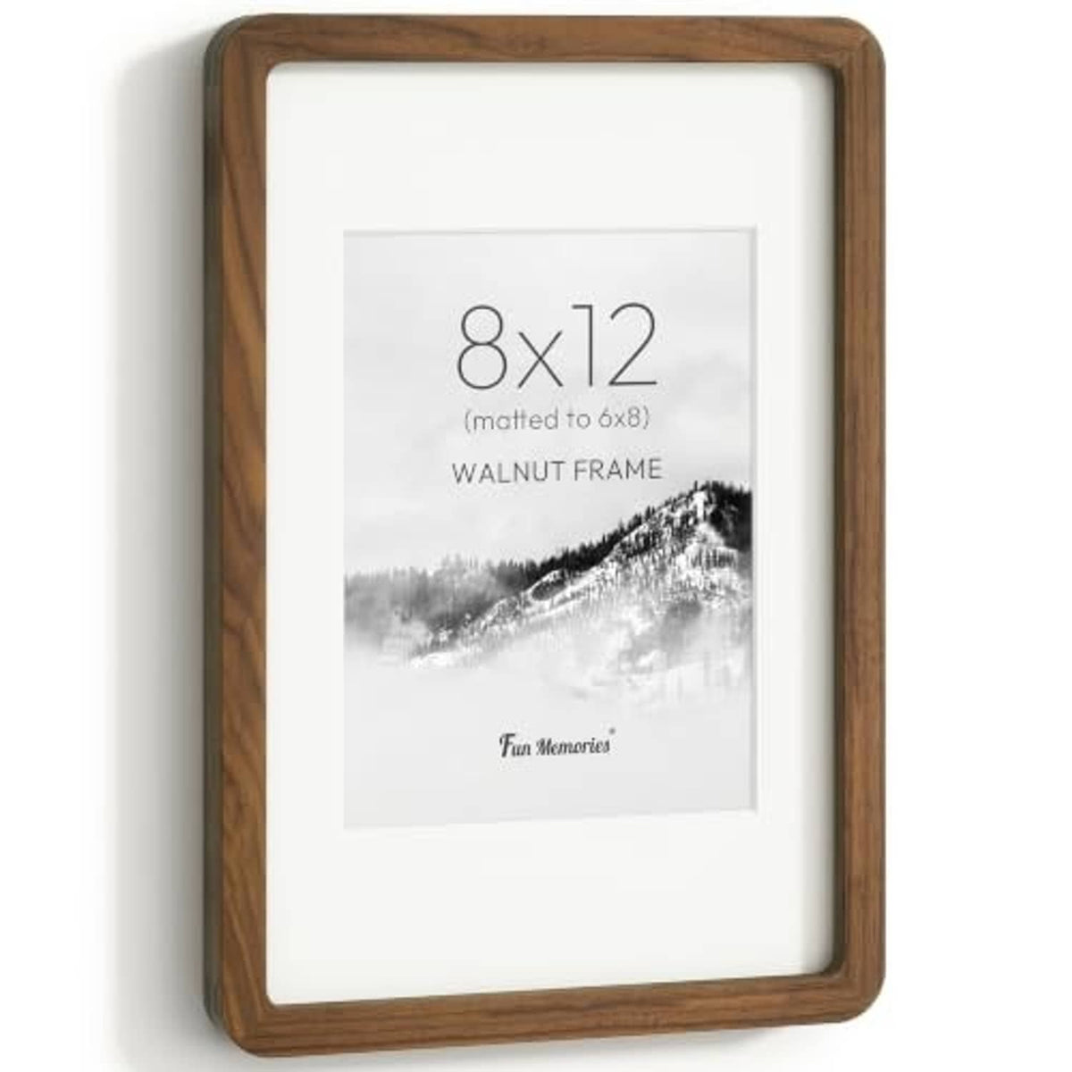 8x12 walnut picture frame with white mat and clear glass, front view