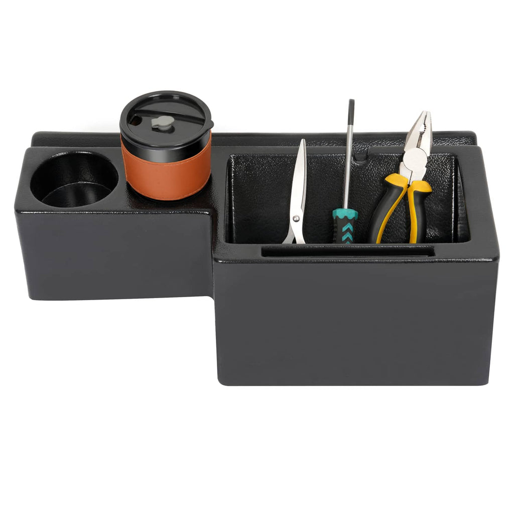 Black cab caddie organizer with beverage cup holders and utensil/tool slots