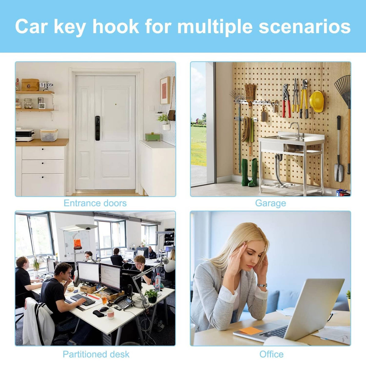 Key hook shown for multiple uses: entrance door, garage, partitioned desk, office