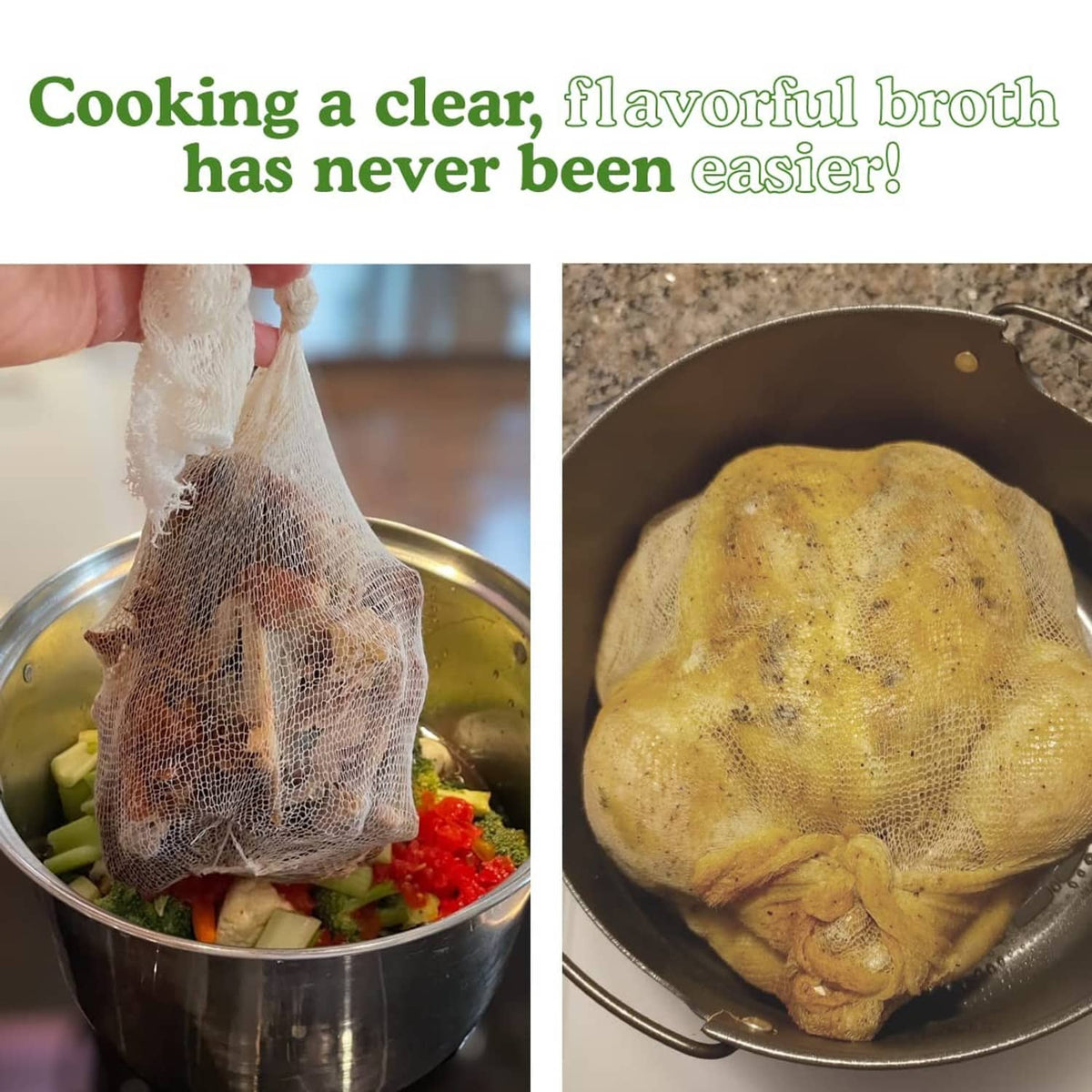 Natural cotton mesh soup sock wrapped around poultry in a pot