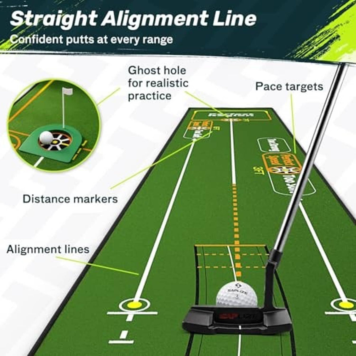 Green putting mat with straight alignment line, distance markers, and pace targets