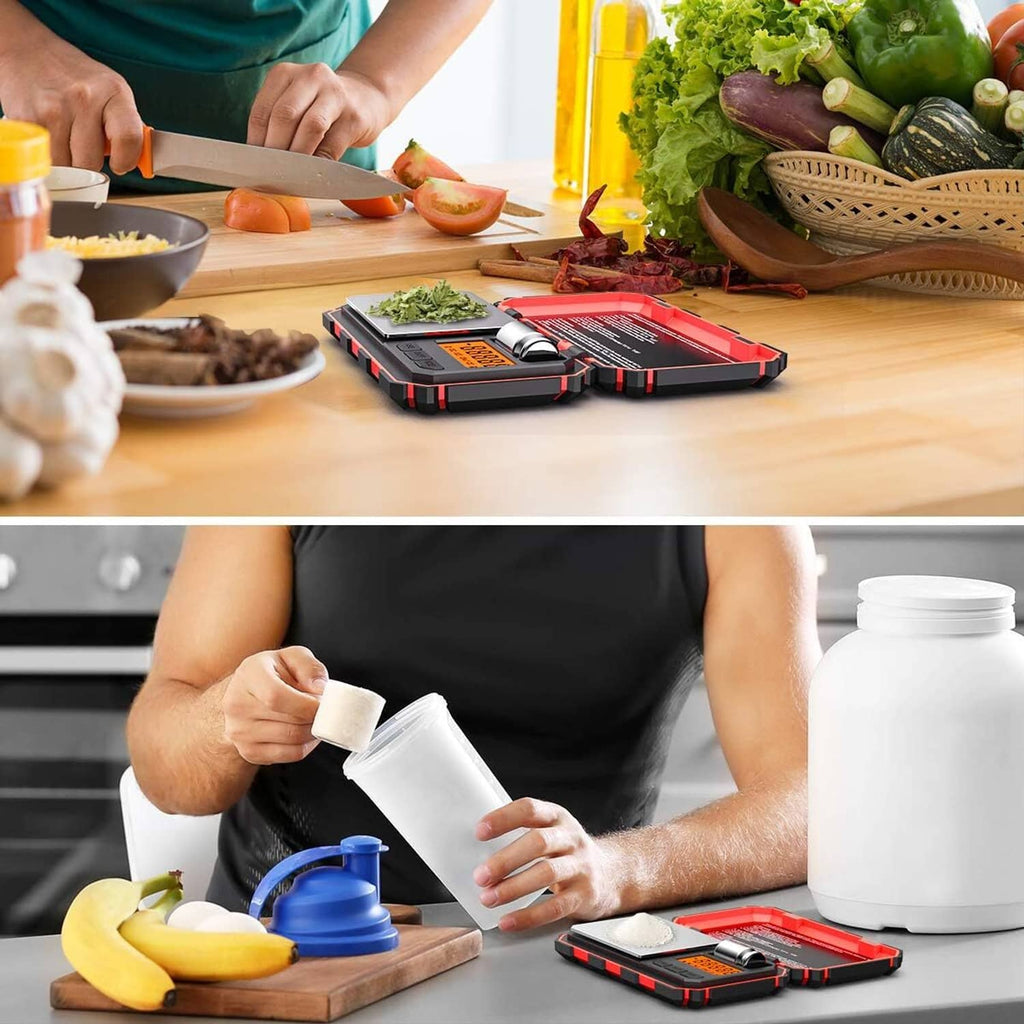 Digital kitchen scale in use on countertop while weighing ingredients with LCD screen
