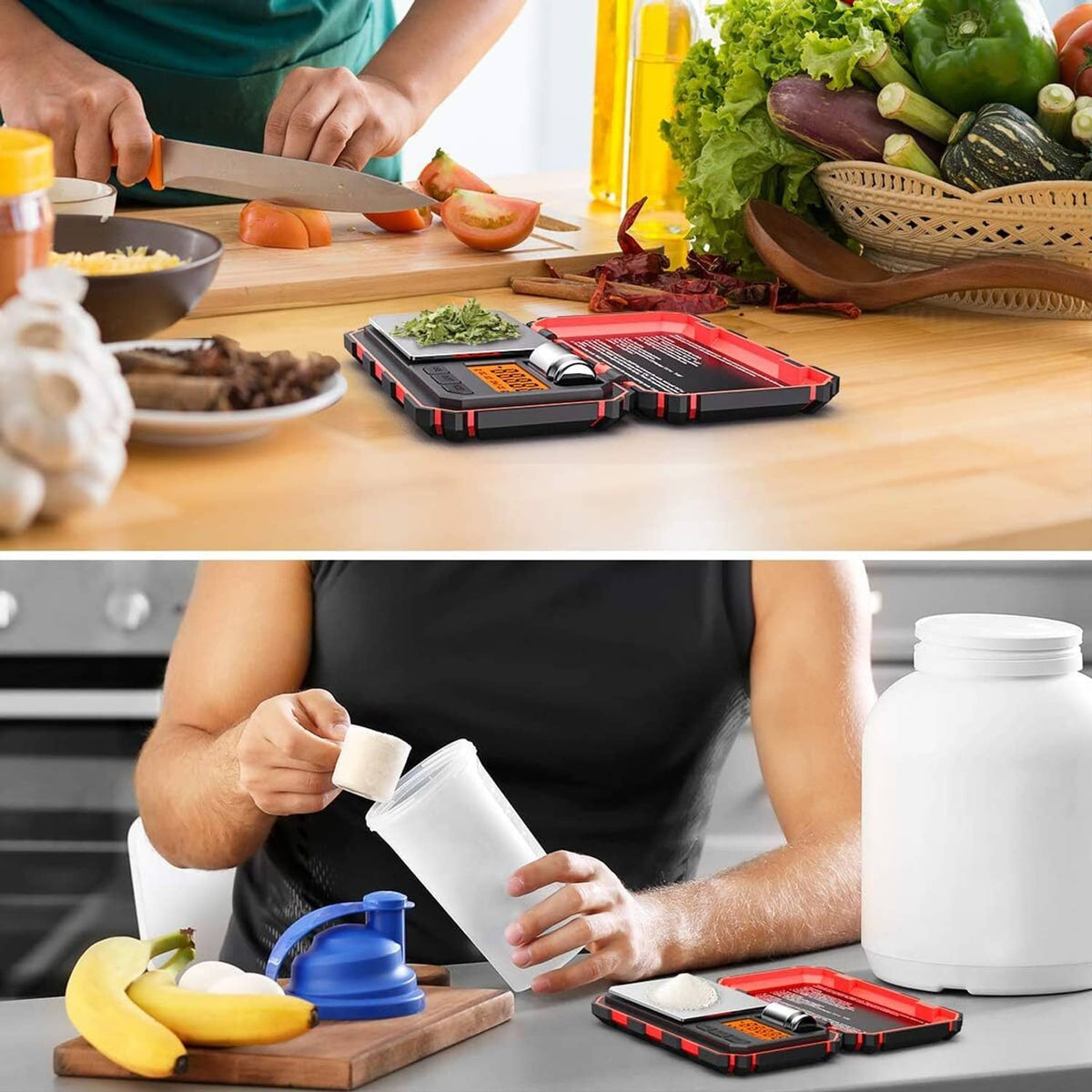 Digital kitchen scale in use on countertop while weighing ingredients with LCD screen