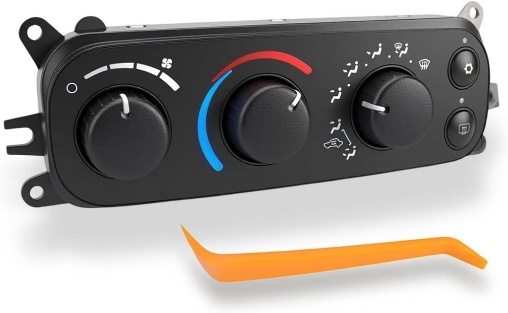 Black A/C heater climate control module with three knobs and blue/red indicator accents