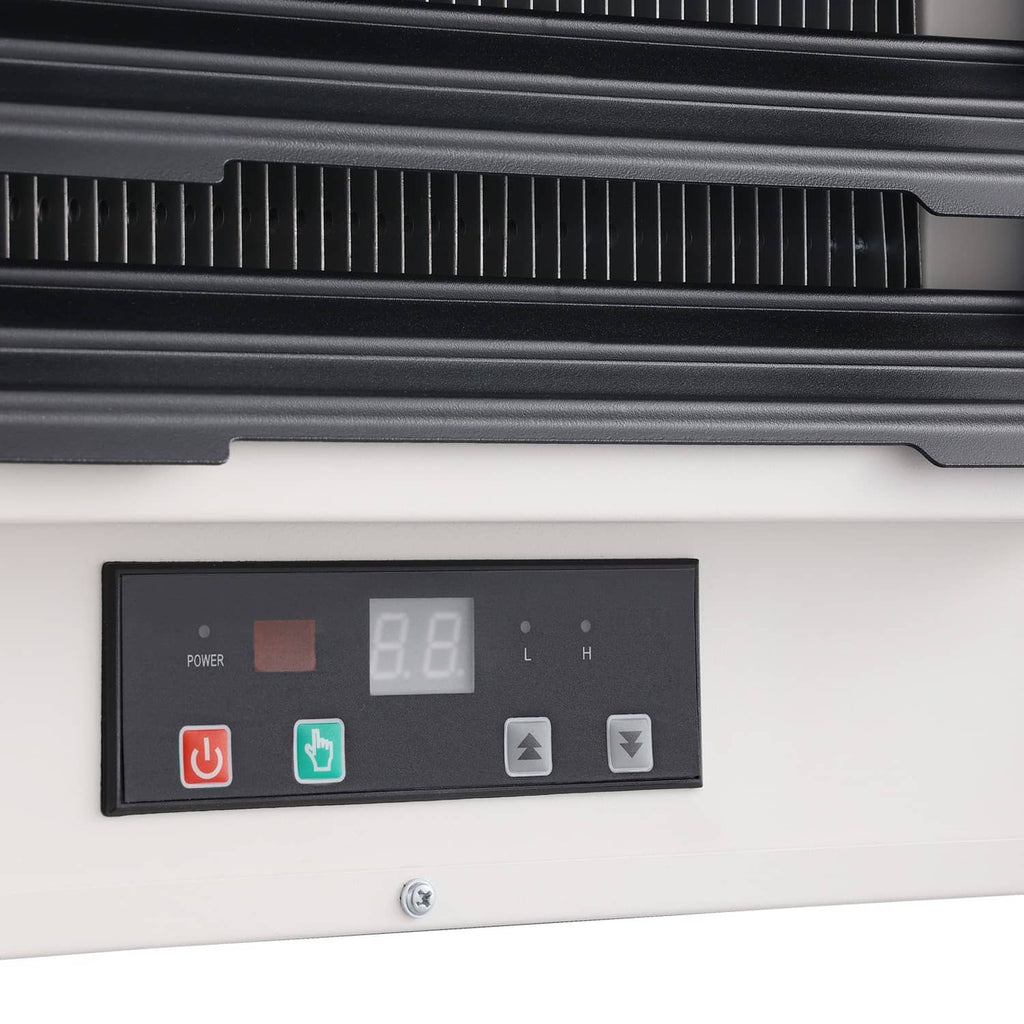 Electric garage heater digital display with power and heat setting buttons