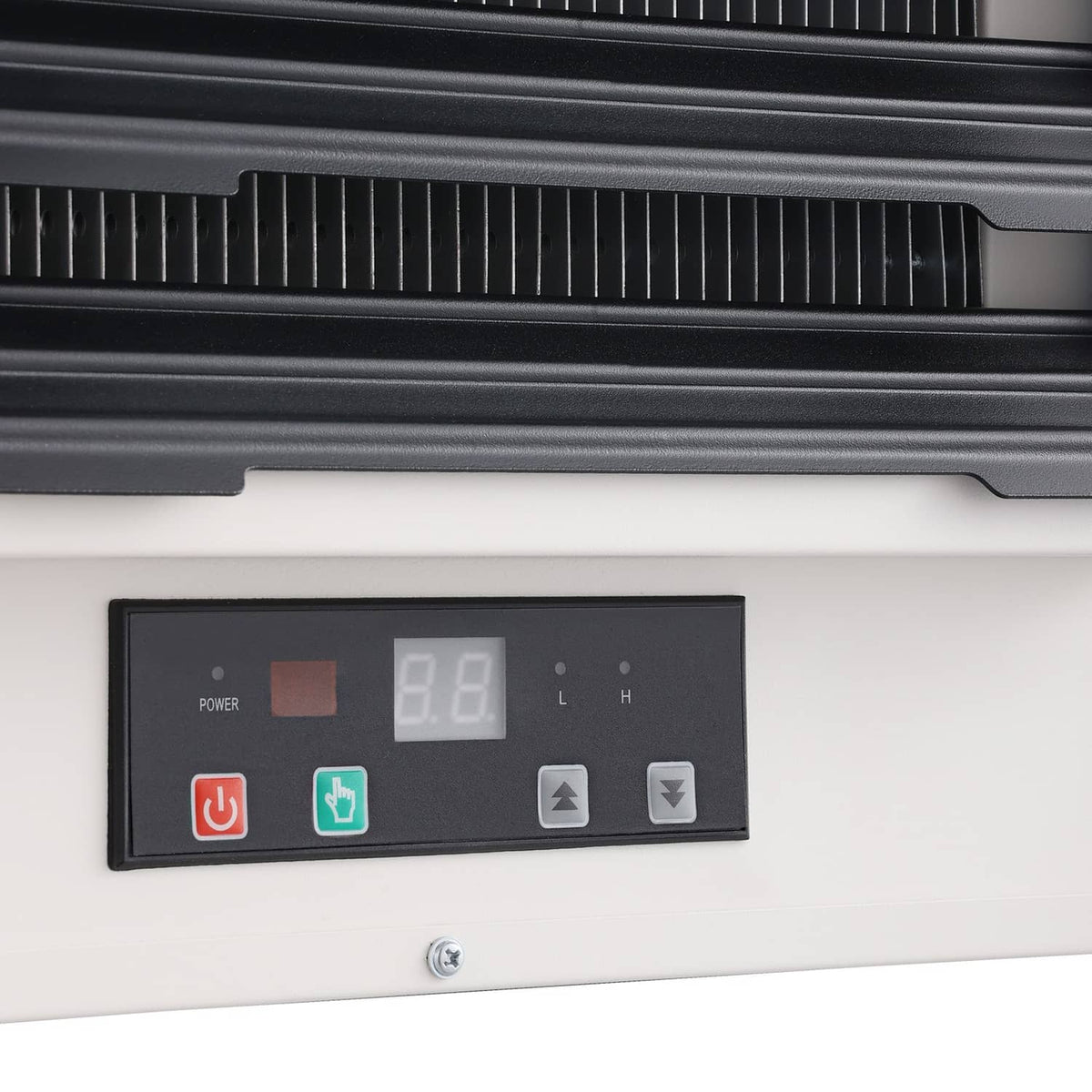 Electric garage heater digital display with power and heat setting buttons