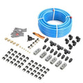 Blue coiled compressed air piping with assorted black fittings, clips, and brass connectors