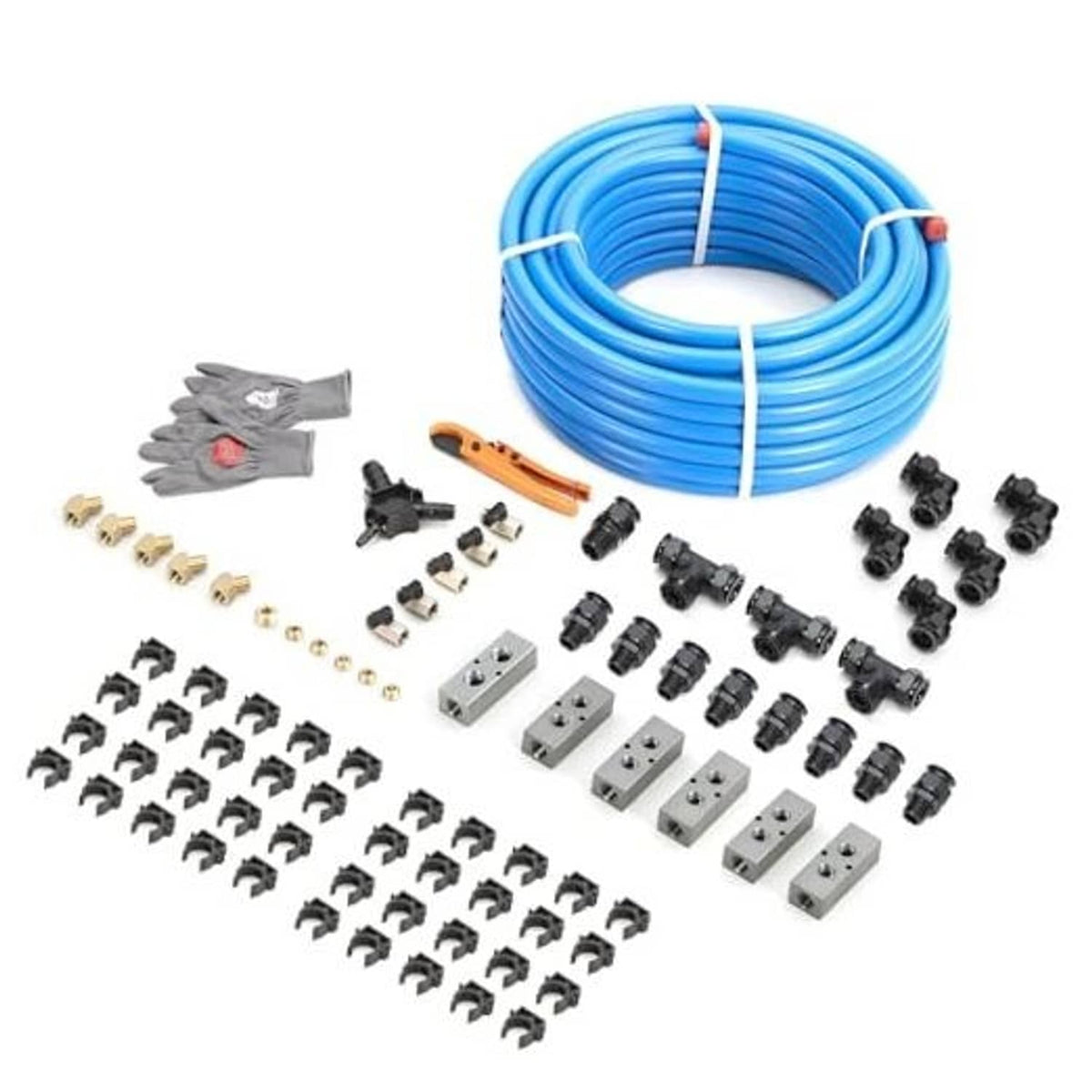 Blue coiled compressed air piping with assorted black fittings, clips, and brass connectors