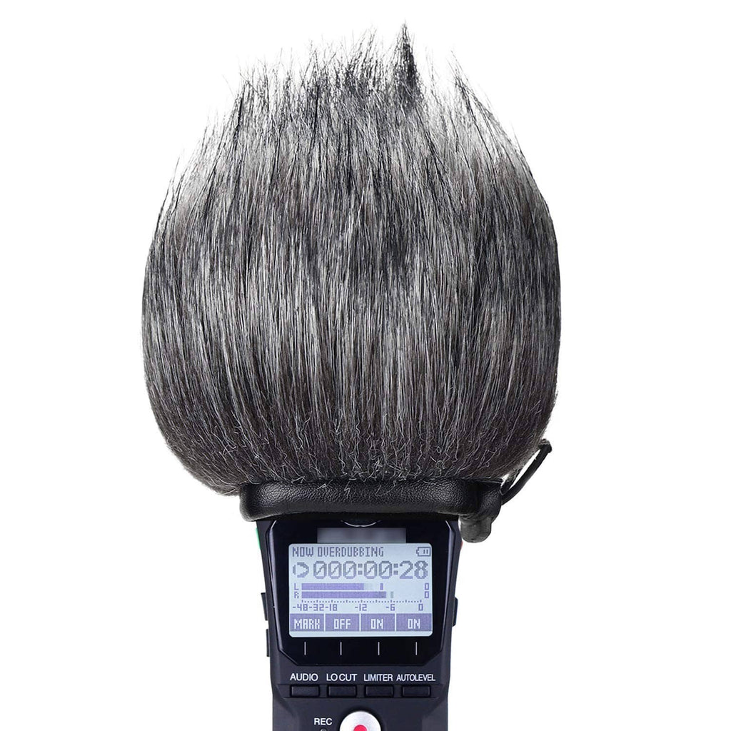 Furry microphone windscreen with black foam base for handheld audio recorder