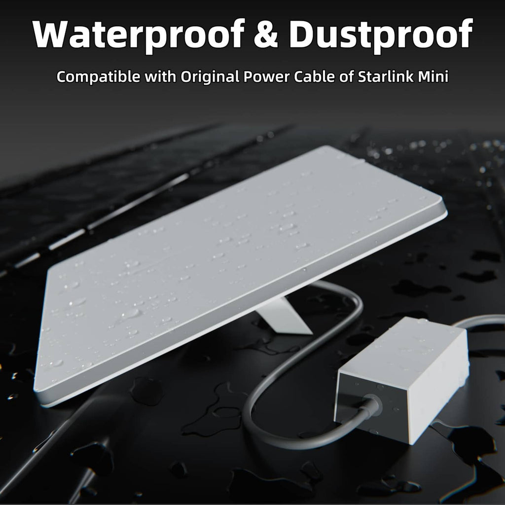 Water-resistant power adapter module with white casing and sealed cable connection, black wire