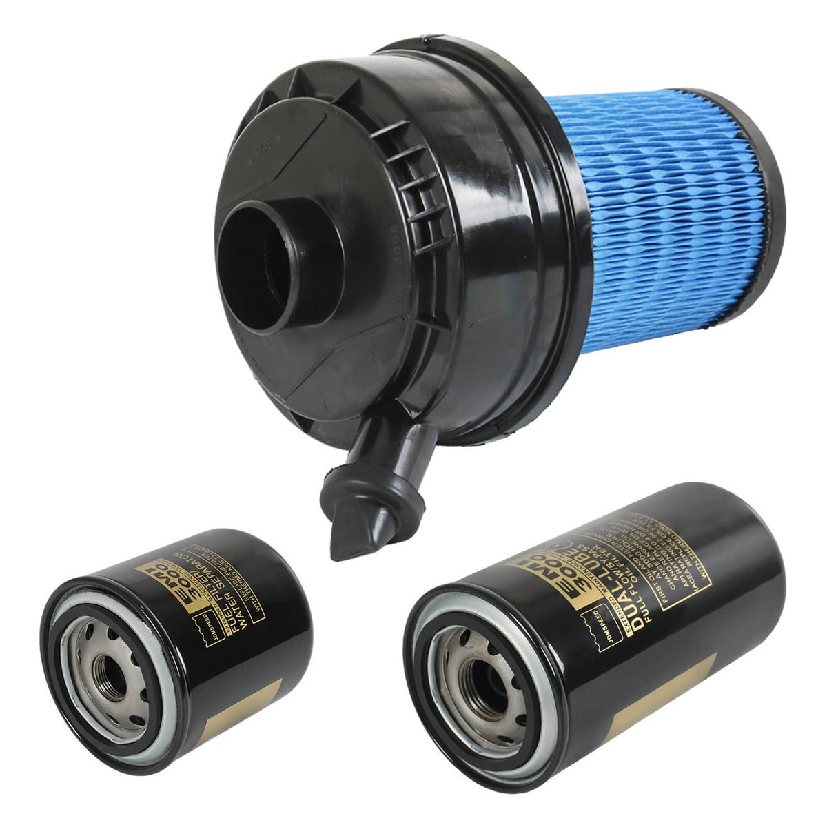 Blue air filter cartridge with end cap, plus two black fuel filter cartridges