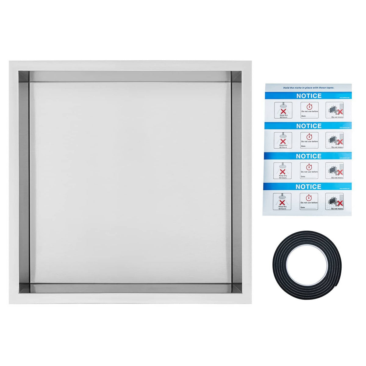Stainless steel shower niche kit with double shelves and sealing strip roll