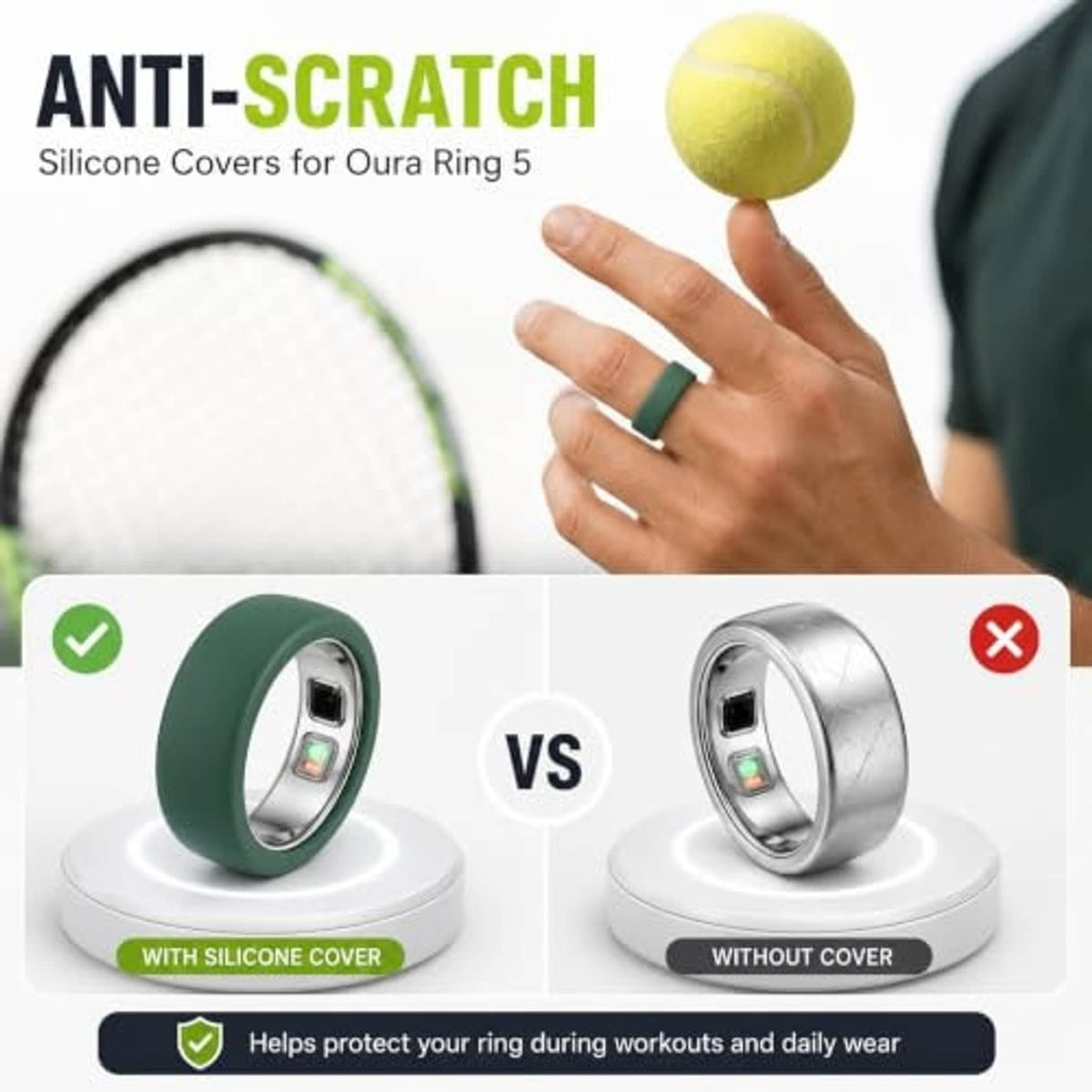 Green silicone ring cover with inner window, shown next to an uncovered ring