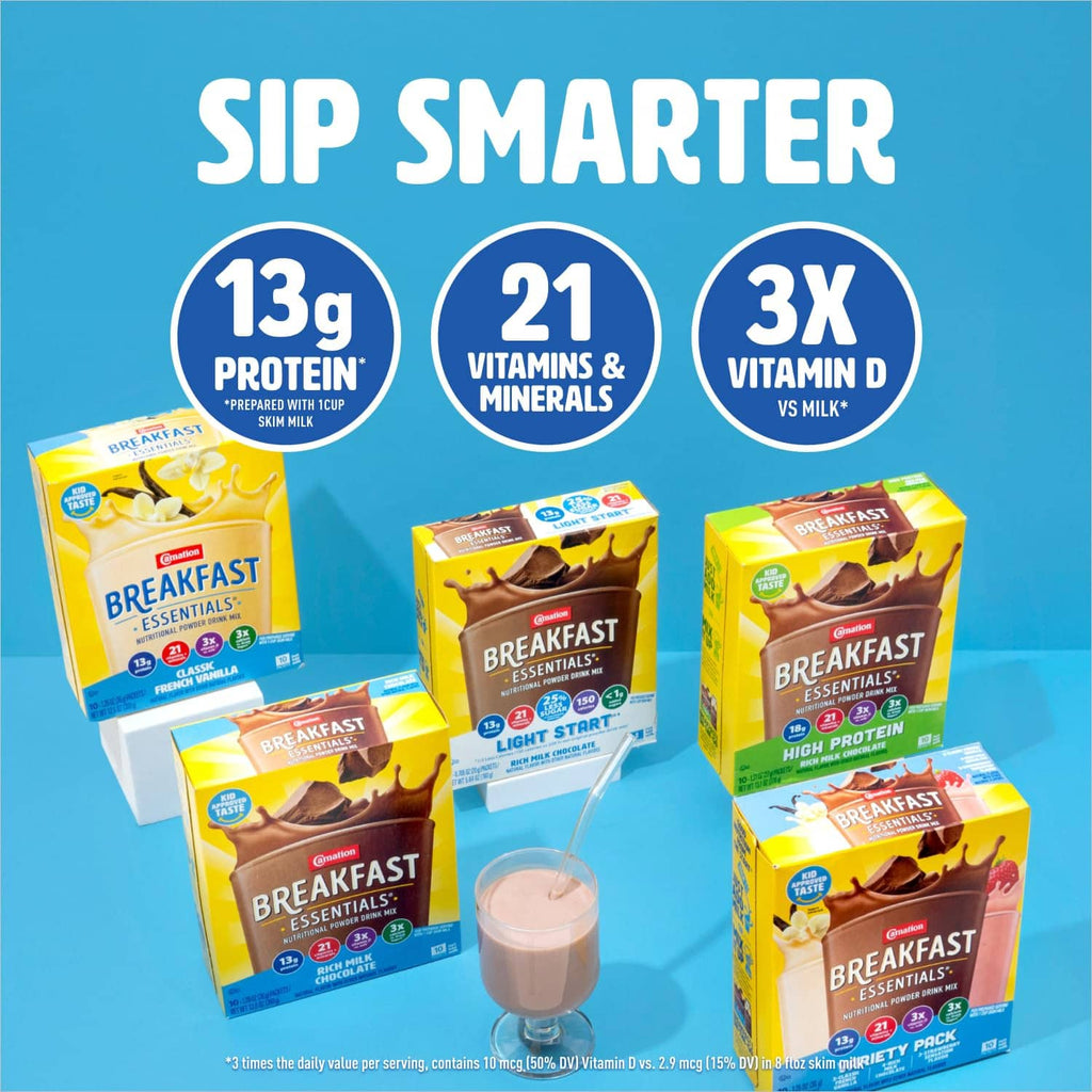 Breakfast Essentials sample pack box with 13g protein and 21 vitamins & minerals